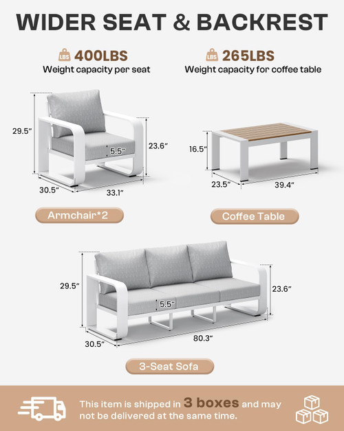 Oversized Aluminum Outdoor Furniture Set, Extra Large Patio Furniture Sofa Set 4.8” Widened Armrest & Ultra-Thick Cushions, 4 Pcs Modern Patio Sectional for Backyard, Porch, White