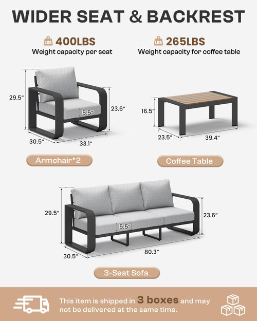 Oversized Aluminum Outdoor Furniture Set, Extra Large Patio Furniture Sofa Set 4.8” Widened Armrest & Ultra-Thick Cushions, 4 Pcs Modern Patio Sectional for Backyard, Porch, Gray