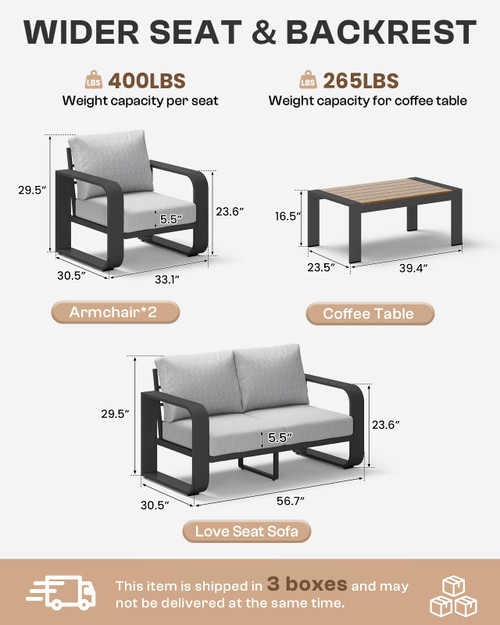 Oversized Aluminum Outdoor Furniture Set, Extra Large Patio Furniture Sofa Set 4.8” Widened Armrest & Ultra-Thick Cushions, 4 Pcs Modern Patio Sectional for Backyard, Deck, Gray