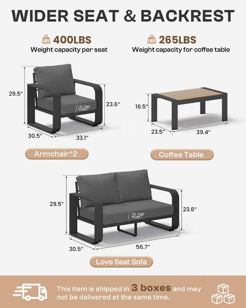 Oversized Aluminum Outdoor Furniture Set, Extra Large Patio Furniture Sofa Set 4.8” Widened Armrest & Ultra-Thick Cushions, 4 Pcs Modern Patio Sectional for Backyard, Deck, Graphite
