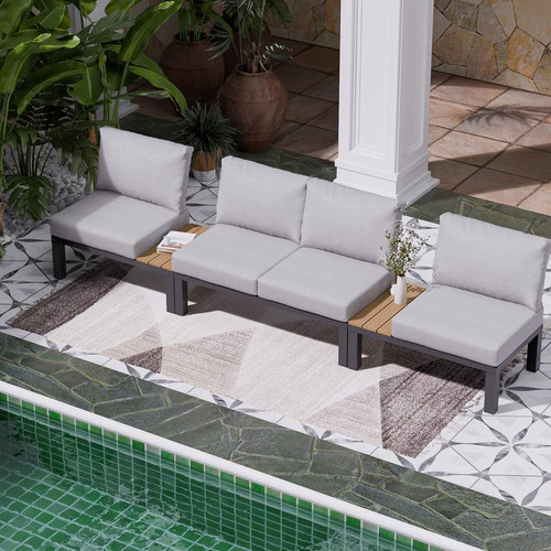 Aluminum Outdoor Patio Furniture Set, 3 Pieces Movable Backrest Modular Sectional Sofa Set, Metal Conversation Set with 4-inch Thick Cushion for Garden Backyard Porch, Grey