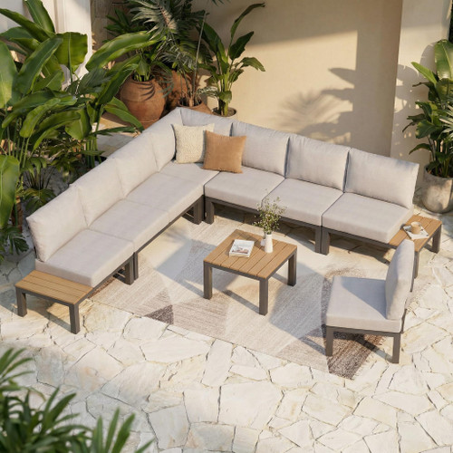 7 Pieces Aluminum Outdoor Patio Furniture Set, Movable Backrest Modular Sectional Sofa Set, Metal Conversation Set with 4-inch Thick Cushion for Garden Backyard Porch, Grey