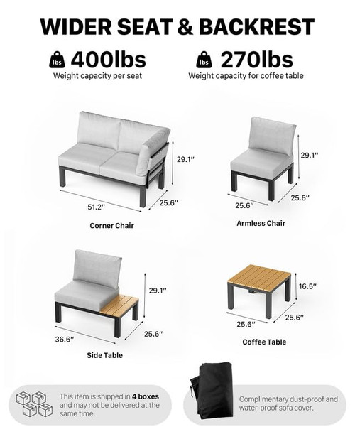 Aluminum Outdoor Patio Furniture Set, 7 Pieces Movable Backrest Modular Sectional Sofa Set, Metal Conversation Set with 4-inch Thick Cushion for Garden Backyard Porch, Grey