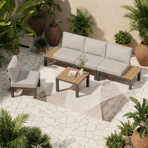 5 Pieces Aluminum Outdoor Patio Furniture Set, Movable Backrest Modular Sectional Sofa Set, Metal Conversation Set with 4-inch Thick Cushion for Garden Backyard Porch, Grey