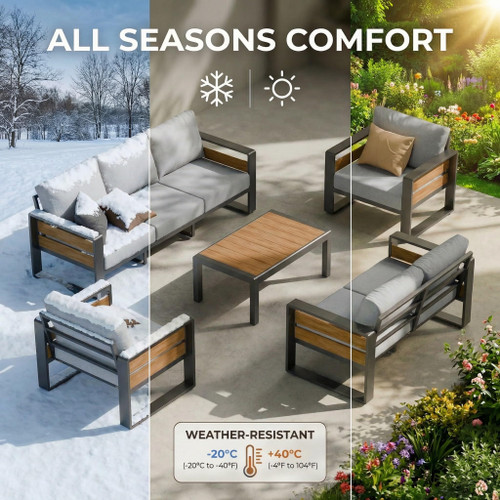 Aluminum Outdoor Patio Furniture Set, 5-Piece Metal Modern Outside Sectional Conversation Lawn Furniture with Coffee Table & Washable Thick Cushions,Seating Sofa for Garden/Backyard/Porch Grey