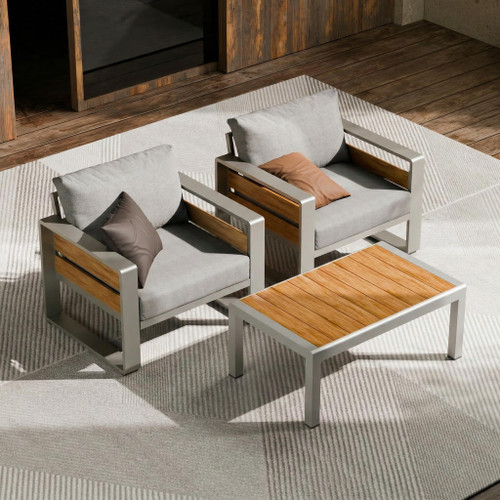Aluminum Outdoor Patio Furniture - 2 Pcs Armchairs and Coffee Table, All-Weather Metal Modern Outside Furniture with Washable Thick Cushion for Garden/Backyard/Porch, Silver