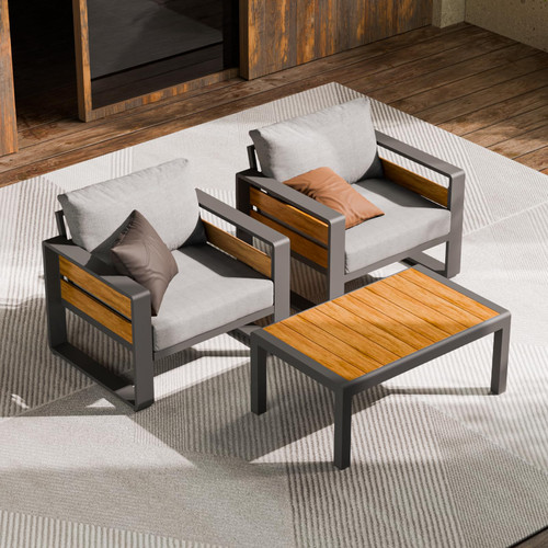 Aluminum Outdoor Patio Furniture - 2 Pcs Armchairs and Coffee Table, All-Weather Metal Modern Outside Furniture with Washable Thick Cushion for Garden/Backyard/Porch, Grey