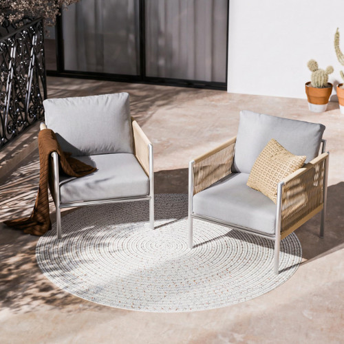 Aluminum Outdoor Patio Furniture 2 Pcs Armchair, All-Weather Metal Modern Outside Furniture with Washable Thick Cushion, HDPE Woven Rope Rattan Bistro Sofa Chair, Garden/Backyard/Porch, Silver