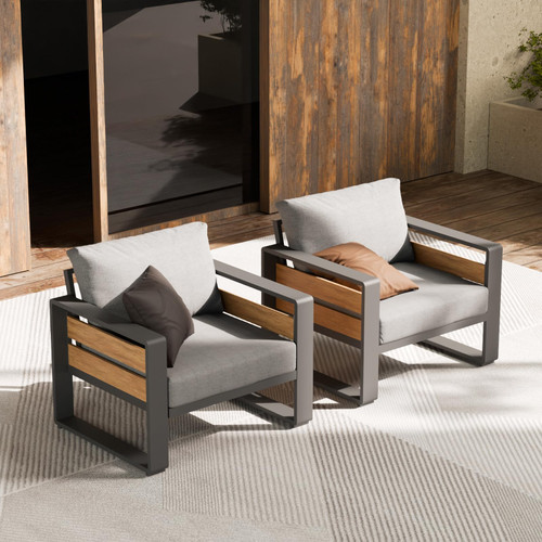 Aluminum Outdoor Patio Furniture - 2 Pcs Armchair, All-Weather Metal Modern Outside Furniture with Washable Thick Cushion for Garden/Backyard/Porch, Grey