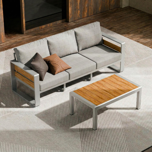 Aluminum Outdoor Patio Furniture - 1 Pcs 3-Seat and Coffee Table, All-Weather Metal Modern Outside Furniture with Washable Thick Cushion for Garden/Backyard/Porch, Silver