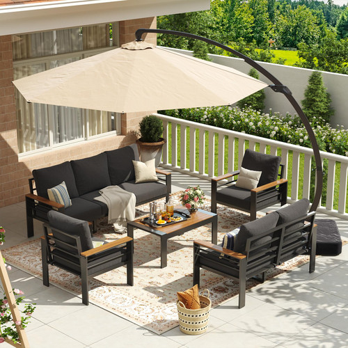 Aluminum Patio Furniture Set with Umbrella 7 Seats, Oversized Outdoor Sectional with Washable Thick Cushions, Coffee Table and Waterproof Cover, Patio Conversation Sets for Porch, Balcony, Deck