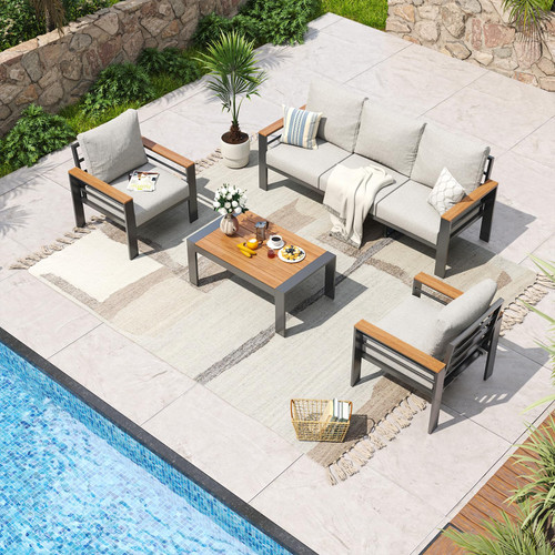 Aluminum Patio Furniture Set 5 Seats, Oversized Outdoor Sectional with Washable Thick Cushions, Coffee Table, Patio Conversation Sets for Porch, Balcony, Deck