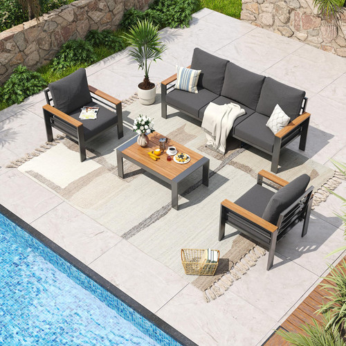 Aluminum Patio Furniture Set 5 Seats, Oversized Outdoor Sectional with Washable Thick Cushions, Coffee Table, Patio Conversation Sets for Porch, Balcony, Deck