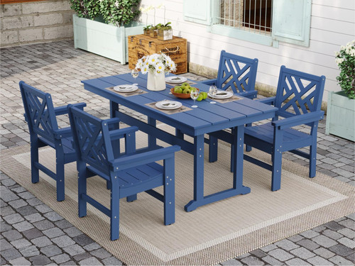 5-Piece Outdoor Dining Set, HDPE All-Weather Patio Table and Chairs Set for 4, Outdoor Patio Furniture Sets with Umbrella Hole for Outside, Deck, Backyard, Garden (Navy Blue)