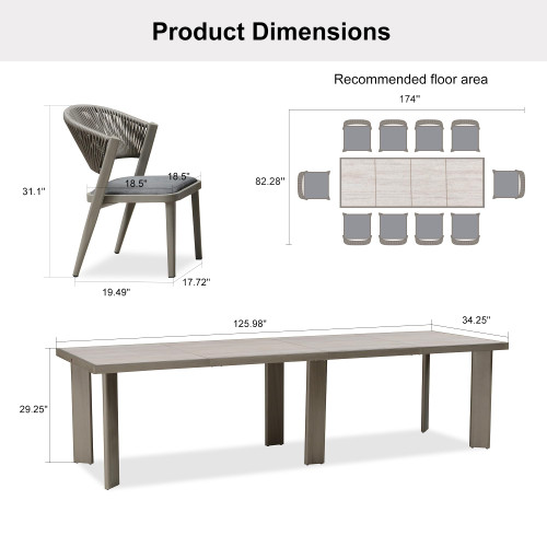 11-Piece Patio Dining Set Outdoor Furniture Rectangular Table and Chairs Set with Aluminum Frame and Wicker Rattan for Garden Deck Backyard Kitchen Gray Outdoor Set