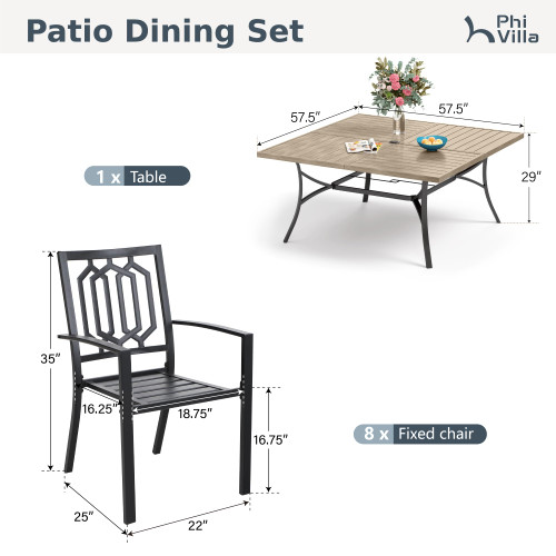 9 Pieces Outdoor Dining Set for 8, 57.5" Brown Square Iron Table with Umbrella Hole & Stackable Black Metal Steel Chairs, Large Outside Furniture Set for Patio, Deck, Yard, Porch
