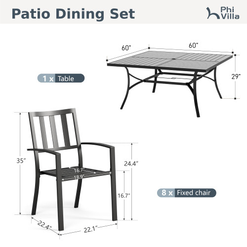 9 Pieces Outdoor Dining Set for 8, 60” Square Black Metal Table with Umbrella Hole & Stackable Iron Chairs, Large Outside Furniture Set for Patio, Deck, Yard, Porch