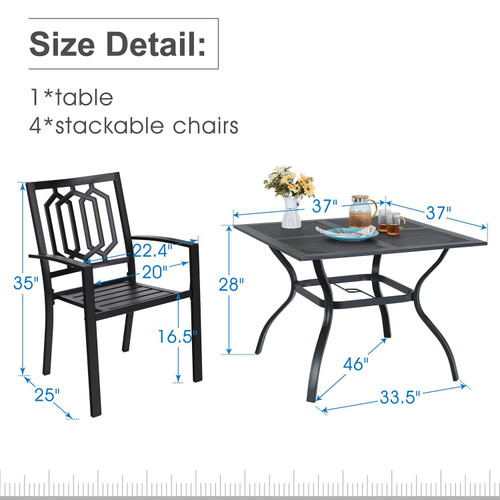 5 Pieces Outdoor Dining Set for 4, 37” Black Square Metal Steel Table with Mesh Top & Stackable Wrought Iron Chairs, Outside Furniture Set for Patio, Deck, Backyard, Porch