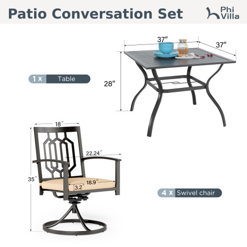 5 Pieces Outdoor Dining Set for 4, 37" Black Square Wrought Iron Table with Umbrella Hole & Metal Swivel Chairs with Cushions, Outside Furniture for Patio, Deck, Yard, Porch