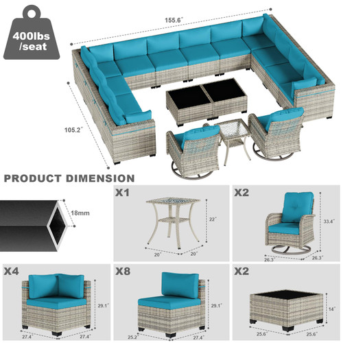 17-Piece Patio Furniture Set, Outdoor Patio Furniture with Swivel Chairs Set, Thick Cushions, Modular Patio Sofa, Dual-Strand Wicker Rattan, Rust-Resistant Frame, Lake Blue