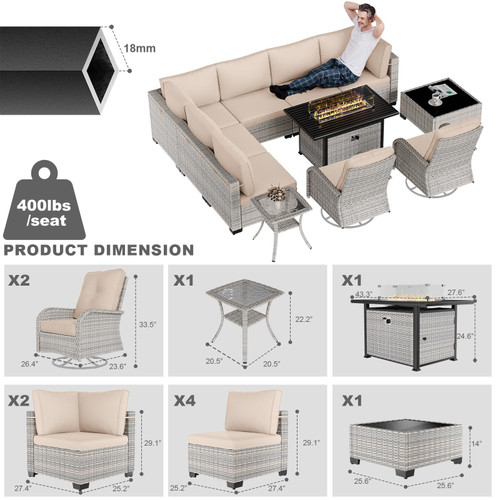 11-Piece Patio Furniture Set, Outdoor Patio Furniture with 55,000 BTU Fire Pit Table, Swivel Chairs Set, Thick Cushions, Modular Patio Sofa, Dual-Strand Wicker Rattan, Rust-Resistant Frame, Sand