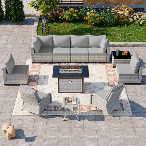 11-Piece Patio Furniture Set, Outdoor Patio Furniture with 55,000 BTU Fire Pit Table, Swivel Chairs Set, Thick Cushions, Modular Patio Sofa, Dual-Strand Wicker Rattan, Rust-Resistant Frame, Grey