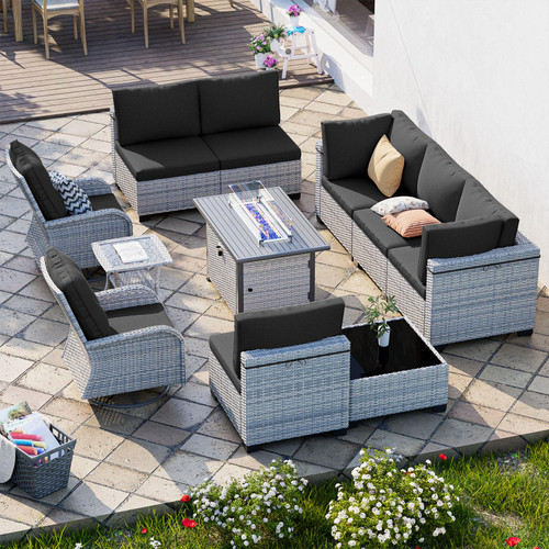 11-Piece Patio Furniture Set, Outdoor Patio Furniture with 55,000 BTU Fire Pit Table, Swivel Chairs Set, Thick Cushions, Modular Patio Sofa, Dual-Strand Wicker Rattan, Rust-Resistant Frame, Black