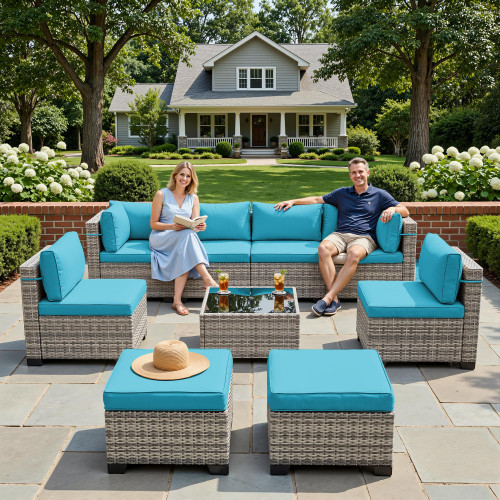 9-Piece Patio Furniture Set, Outdoor with Ottomans, Modular Patio Sofa, Dual-Strand Wicker Rattan, Rust-Resistant Frame, Backyard Furniture for Garden, Deck, Lake Blue