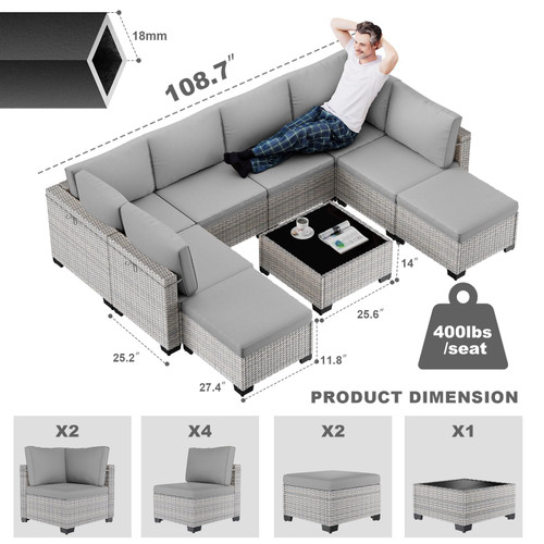 9-Piece Patio Furniture Set, Outdoor Sectional with Ottomans, Modular Patio Sofa, Dual-Strand Wicker Rattan, Rust-Resistant Frame, Backyard Furniture for Garden, Deck, Gray