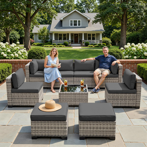 9-Piece Patio Furniture Set, Outdoor with Ottomans, Modular Patio Sofa, Dual-Strand Wicker Rattan, Rust-Resistant Frame, Backyard Furniture for Garden, Deck, Black