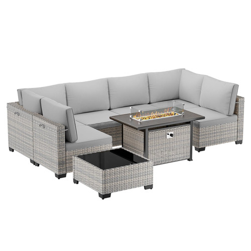 8-Piece Modern Patio Furniture Set with 55,000 BTU Fire Pit Table, Thick Cushions, Dual-Strand Wicker Rattan, Rust-Resistant Frame, Grey