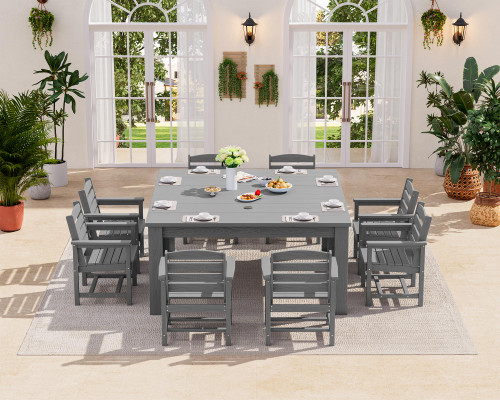 Patio Dining Sets for 8, Outdoor Dining Sets for 8 Person with 2 Umbrella Hole Cut-Out Rectangular Tables and 8 Chairs, HDPE Dining Sets for Garden, Backyard, Poolside, Gray