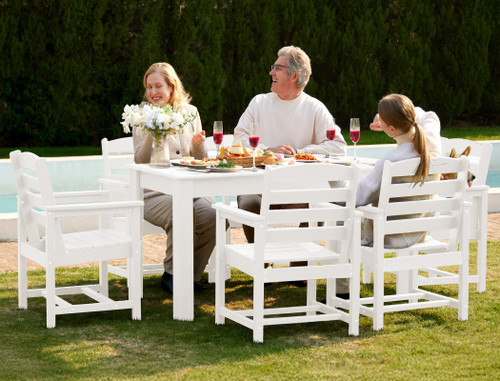 Patio Dining Set for 6, Outdoor Dining Sets for 6 Person with 1 Umbrella Hole Cut-Out Rectangular Table and 6 Chairs, HDPE Dining Sets for Garden, Backyard, Poolside, White