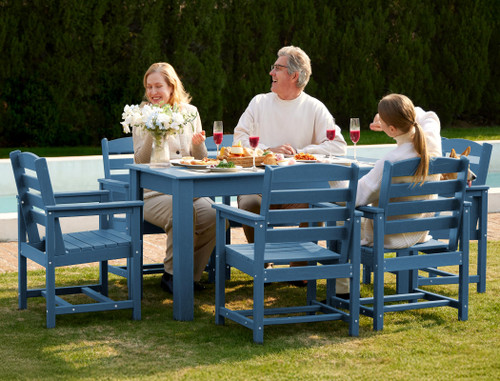 Patio Dining Set for 6, Outdoor Dining Sets for 6 Person with 1 Umbrella Hole Cut-Out Rectangular Table and 6 Chairs, HDPE Dining Sets for Garden, Backyard, Poolside, Blue