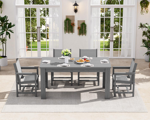 5 Piece Outdoor Dining Table Sets for 4 with 1 Umbrella Hole Cut-Out Rectangular Table and 4 Textilene Chairs, HDPE Dining Table Sets for Garden, Backyard, Poolside, Gray