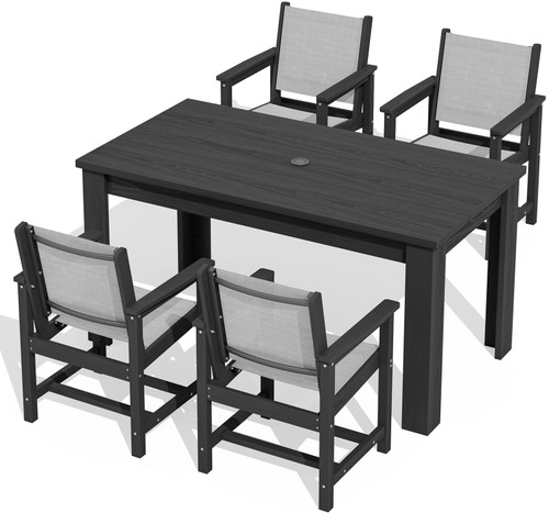 Outdoor Dining Sets for 4 with 1 Umbrella Hole Cut-Out Rectangular Table and 4 Textilene Chairs, Patio Dining Table Sets for Garden, Backyard, Poolside, Black