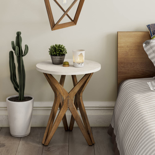 Pedestal Farmhouse End Table, Distressed Top with Tripod Base Bedside Table for Living Room, Modern, Boho Decor, Round (1 Pack, White & Walnut)