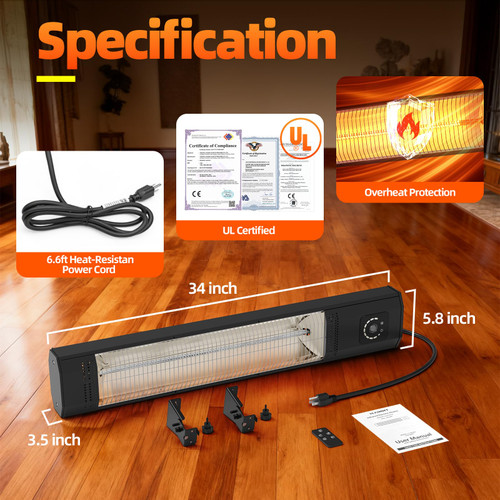 34" Wall-Mounted Electric Patio Heater, 1500W Infrared Outdoor Heater with Motion Sensor & Remote, IPX5 Waterproof, 9 Heat Levels, 9H Timer, Indoor Garage Backyard Deck Patio Heaters