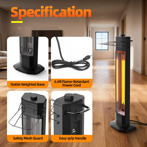 Outdoor Electric Patio Heater, 34- inch Outdoor Electric Patio Heater, 1500W Instant Heating, 3 Heat Levels, Tip-Over & Overheat Protection, IPX5 Waterproof Portable Garage Heater Porch Indoor