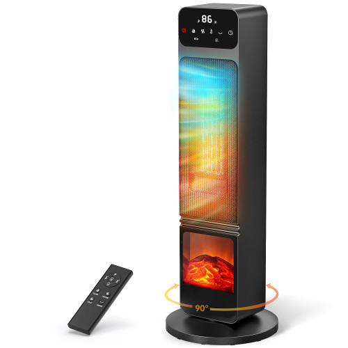 Tower Heaters for Indoor Use, 750W / 1500W Electric Fireplace Heater W / 3D Flame, Heater and Fan Combo 90° Oscillation, Child Lock & Eco Mode, 12h Timer, Remote Control, Home & Office