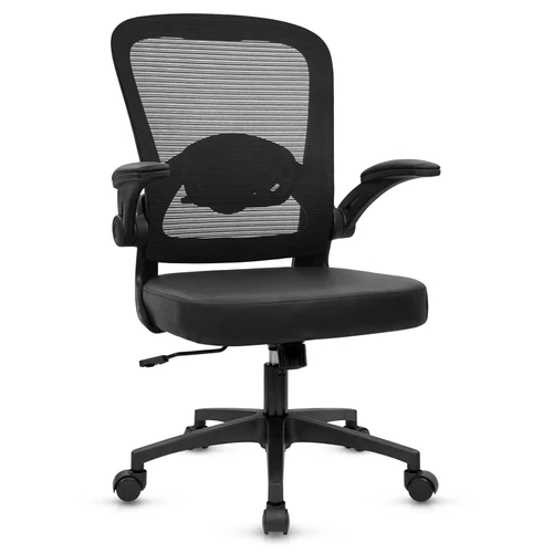 Home Office Desk Chair with Flip Up Armrests, Mesh Back Chair with Adjustable Height Lumbar Support and Leather Seat, Ergonomic Computer Task Chair for School, Conference, Black