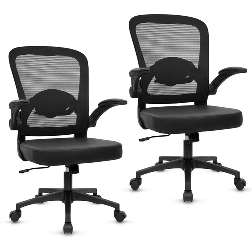 Home Office Desk Chair with Flip Up Armrests, Mesh Back Chair with Adjustable Height Lumbar Support and Leather Seat, Ergonomic Computer Task Chair for School, Conference, Black(2PK)