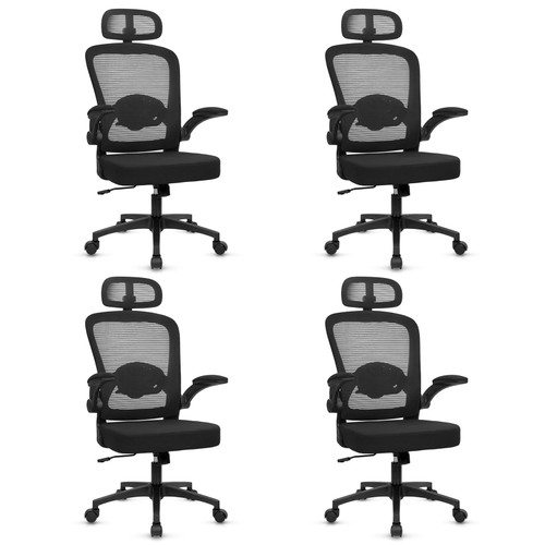 (4PK) Home Office Desk Chair with Flip Up Armrests, Mesh Back Chair with Adjustable Height Lumbar Support and Headrest, Ergonomic Computer Task Chair for School, Conference, Black