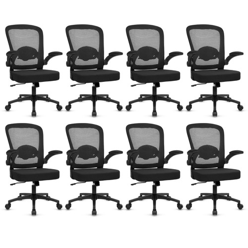 (8PK) Home Office Desk Chair with Flip Up Armrests, Mesh Back Chair with Adjustable Height Lumbar Support, Ergonomic Computer Task Chair with Wheels for School, Conference, Black