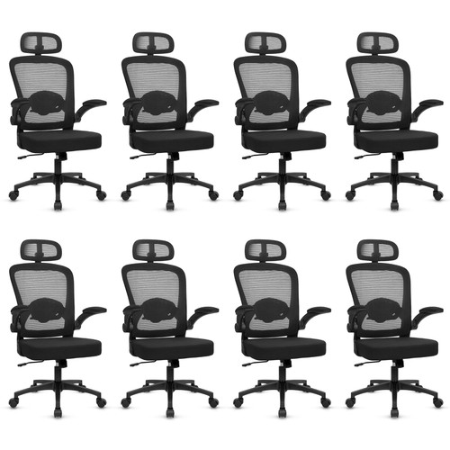 (8PK) Home Office Desk Chair with Flip Up Armrests, Mesh Back Chair with Adjustable Height Lumbar Support and Headrest, Ergonomic Computer Task Chair for School, Conference, Black