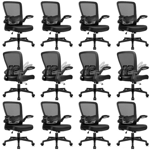 (12PK) Office Desk Chairs with Wheels, Ergonomic Mesh Chair with Adjustable Height Lumbar Support, Rolling Swivel Computer Task Chair with Flip Up Armrests for Home, Study, Conference, Black
