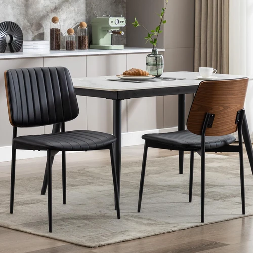 Black Dining Chairs Set of 6,Leather Mid Century Modern Dining Chairs with Bentwood Back and Upholster Seat,Armless Kitchen Chairs with Metal Legs Adjustable Foot for Dining Room(Walnut Black)