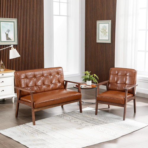 Modern Loveseat Sofa Set,Upholstered Leather Couch Love Seats 2-Seat & Accent Chair,Living Room Furniture Sets,Small Couches for Small Spaces Living Room,Apartment,Office(Brown)