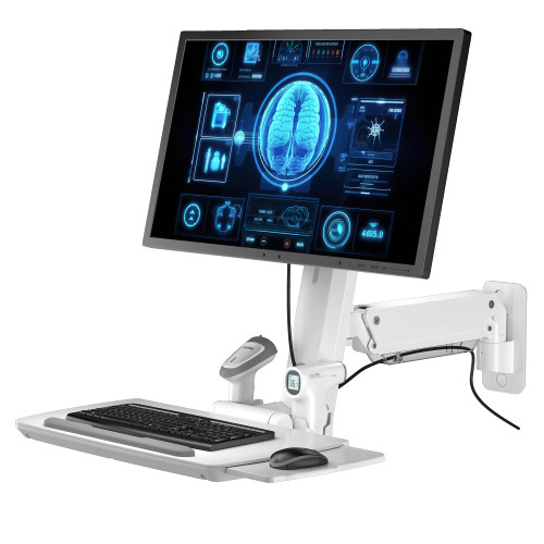 Medical Wall Mount Workstation with Folding Keyboard Tray | Large Sliding Mouse Pad | Height Adjustment Space Save Folding Design for 17"-35" Screen | Scanner Holder