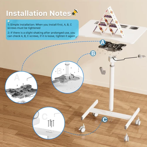 Mobile Standing Desk, 28 inch Rolling Standing Laptop Desk with Cup Holder, Mobile Desk Workstation with Wheels, Portable Computer Desk Cart with Hook for Home Office, White
